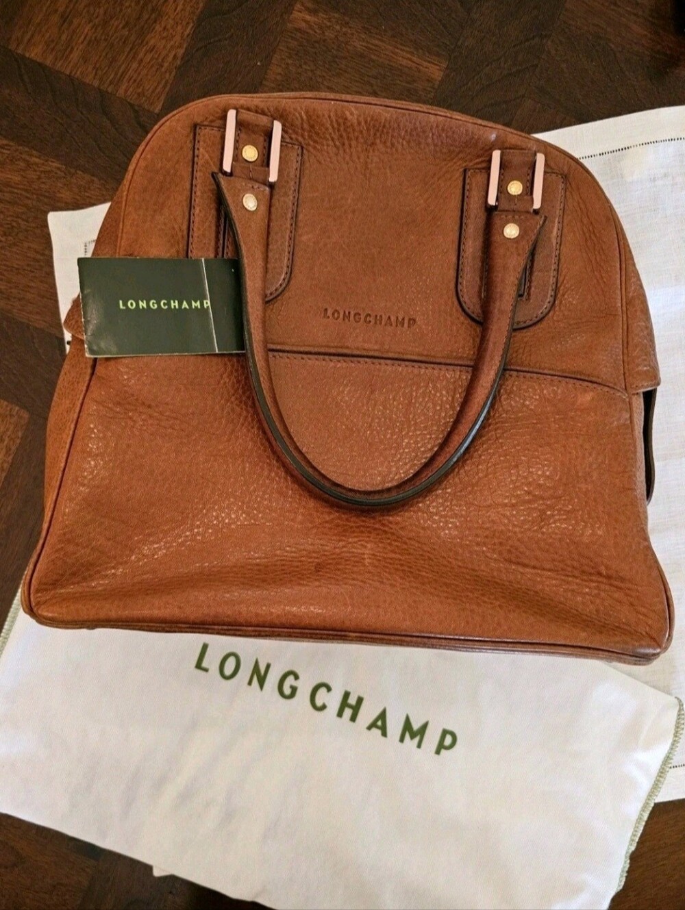 Longchamp Cosmos Large Brown Pebble Leather Tote Satchel Zip Closure Gold France - Picture 14 of 16